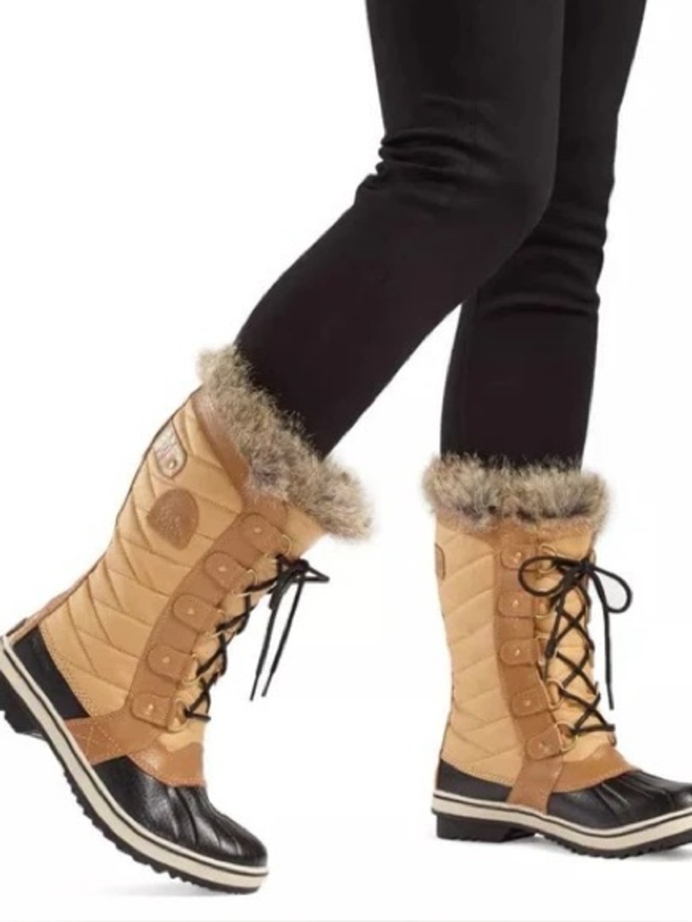 Sorel Women's Tan and Black Faux-Fur Trim Lace-Up Winter Boots size 5 H53N5